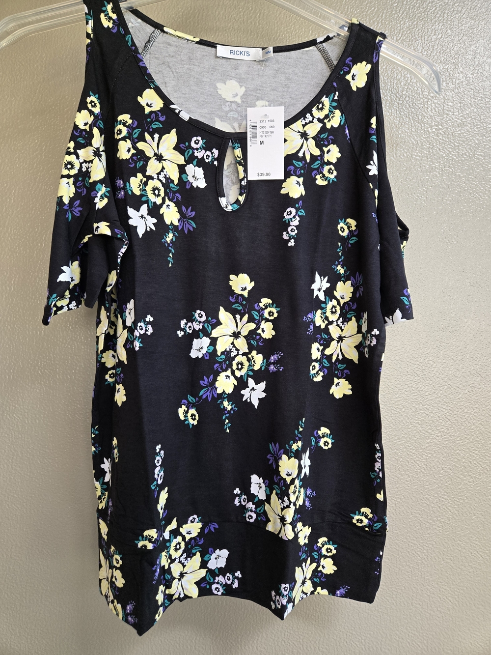 Ricki's Black Cold-Shoulder Floral Top with Yellow, White & Purple Blossoms